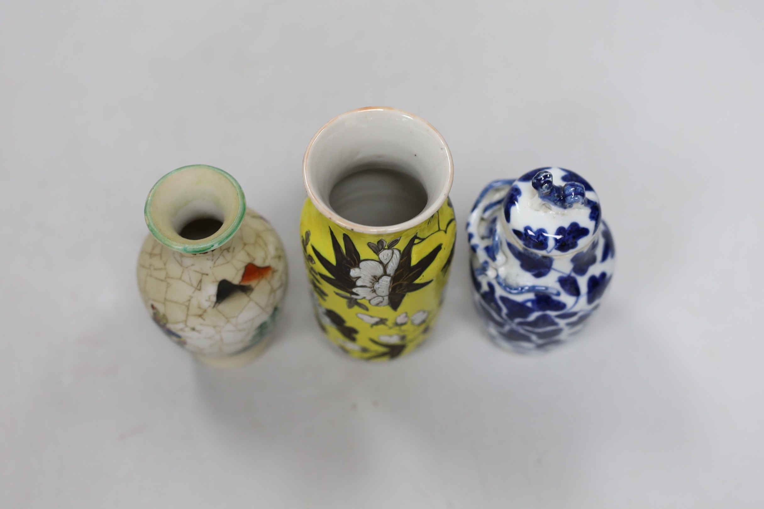Two 19th century Chinese porcelain small vases and a small famille rose vase, tallest 11cm high